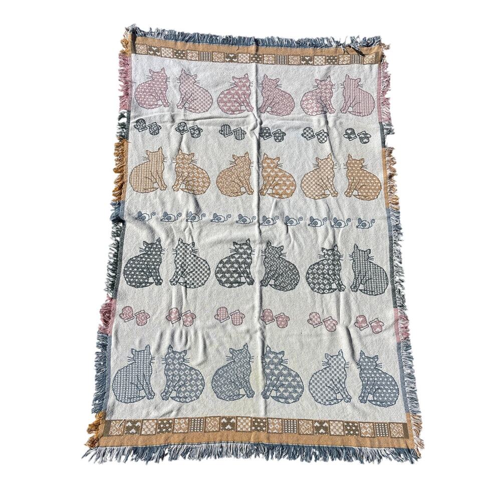 VTG Cat Tapestry Throw Blanket Woven Cotton Mittens Mice CottageCore 46”x68”